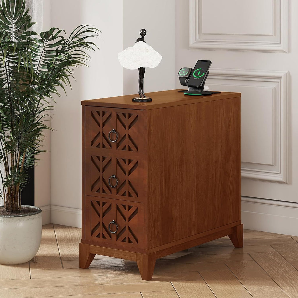 KEIKI End Table with 3 Drawers, Corner Table with 4 Open Shelves, Tall Side Table for Living Room, Bedroom and Corner
