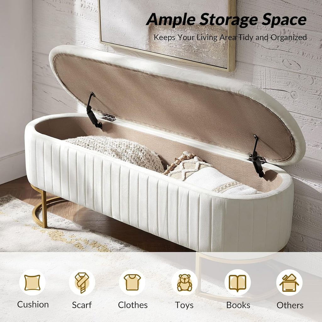 50.5” Velvet Storage Ottoman Bench with Gold-Toned Legs, Luxury Upholstered End of Bed Multi-Functional Footrest & Seat for Bedroom & Entryway