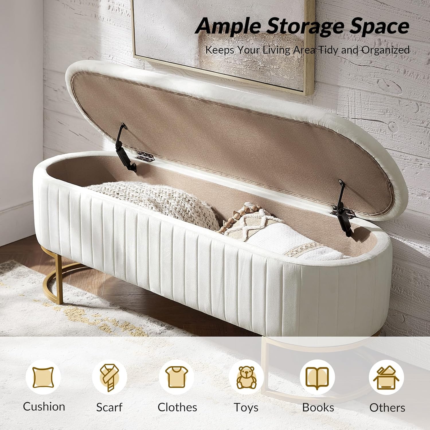 50.5” Velvet Storage Ottoman Bench with Gold-Toned Legs, Luxury Upholstered End of Bed Multi-Functional Footrest & Seat for Bedroom & Entryway