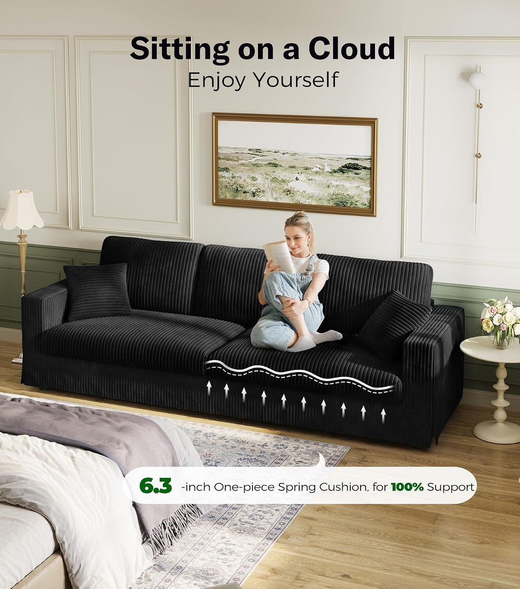 Welzona 101" Sofas for Living Room, Oversized Couch,Couches for Living Room | Comfy Corduroy Couch, Tool-Free Setup Sofa Couch, 6.3" Extra Wide Armrest, All-Wood Modern Couch For Bedroom, 2 Pillow, Black