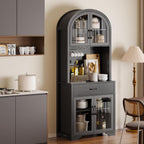 Arched Kitchen Pantry Storage Cabinet, Black Wooden Coffee Bar Cabinet with Drawers, Kitchen Hutch Dining Room Storage Cabinet with Charging Station and LED Light, Kitchen Hutch with Countertop
