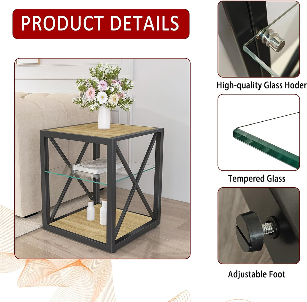 Modern End Table Set of 2 for Living Room 17.7" Bedroom Nightstand, Tempered Glass Shelf & Rustic Wood MDF Top Square Side Tables 2 Pack, Industrial Natural