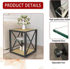 Modern End Table Set of 2 for Living Room 17.7" Bedroom Nightstand, Tempered Glass Shelf & Rustic Wood MDF Top Square Side Tables 2 Pack, Industrial Natural