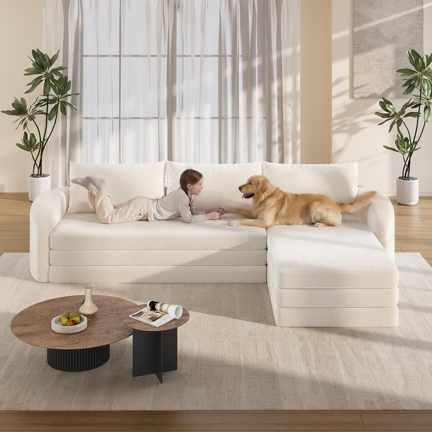 Vesgantti 6 in 1 Convertible Folding Sleeper Sofa Bed, No Assembly, Beige | 110.2" L Shaped Modular Sectional Sofa, Curved Armrest, Deep Seat Couches for Living Room, Chenille, Right Facing