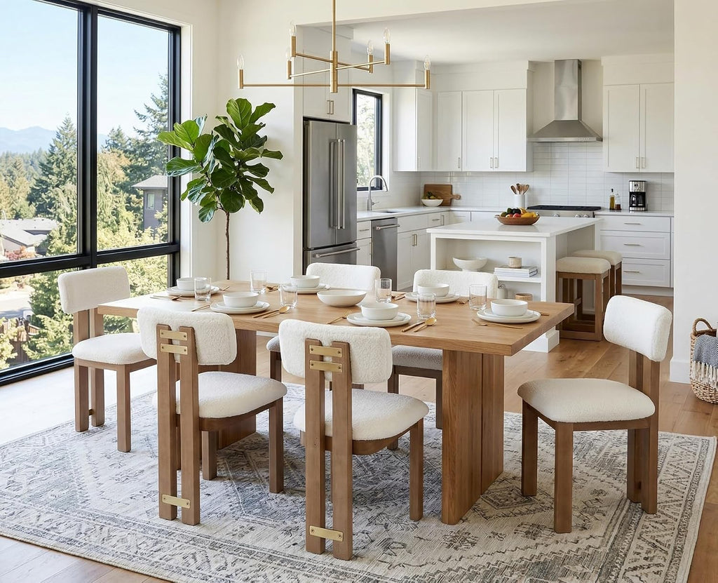 BESTANO Sherpa Boucle Wooden Dining Chairs Set of 4, Modern Farmhouse Dining Room Kitchen Chairs with Curved Backrest Natural Wood Legs, Armless Dining Chairs, Beige