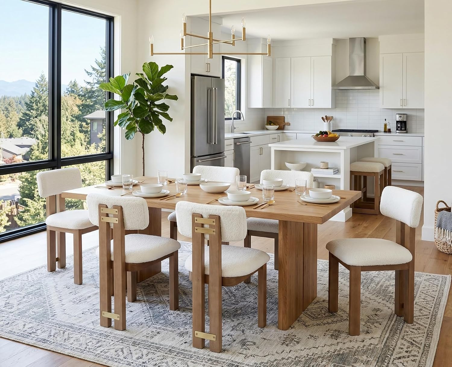 BESTANO Sherpa Boucle Wooden Dining Chairs Set of 4, Modern Farmhouse Dining Room Kitchen Chairs with Curved Backrest Natural Wood Legs, Armless Dining Chairs, Beige