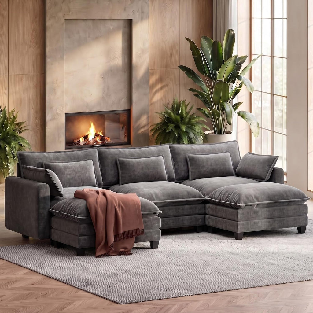 Marsail 110.6" Modular Sectional Sofa, 5-Seat Chenille Couch with Deep Seat, Ottoman & Throw Pillows, U-Shaped Couch for Living Room, Grey