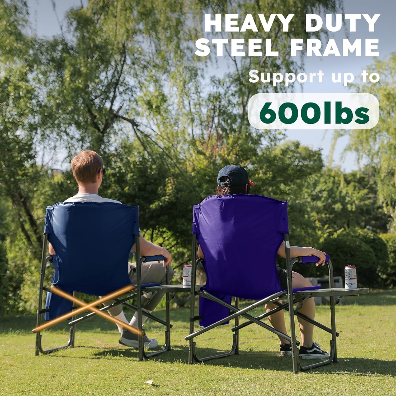 Colegence Oversized Directors Camping Chair Set of 2 Support 600 LBS, Heavy Duty Folding Outdoor Chairs with Side Pocket and Adjustable Side Table for Outside Beach,Lawn,Fishing, Deep Purple