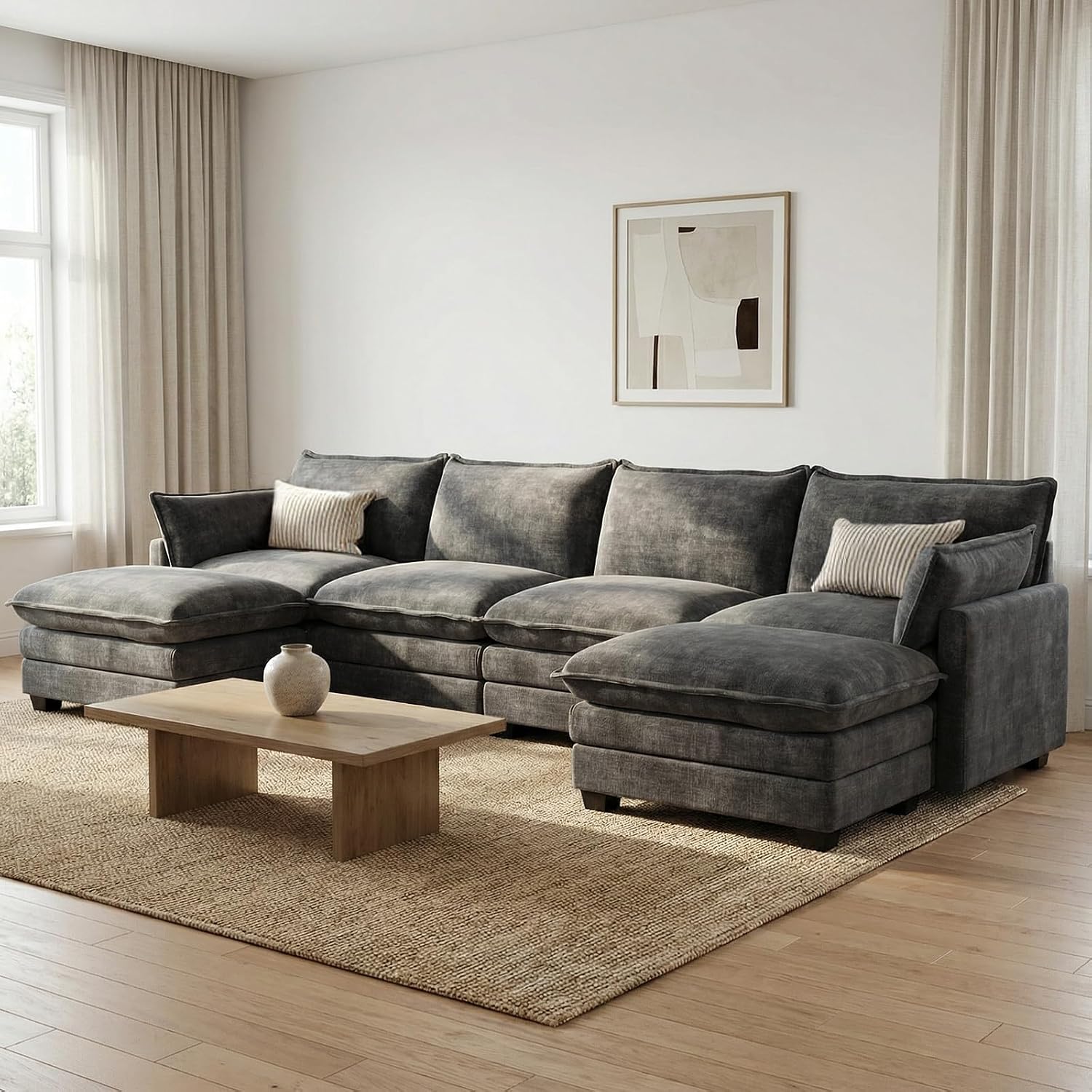 Modular Sectional Couch for Living Room, U Shaped Comfy Sofa | Comfortable Foam Cushions, Sturdy Frame, Appealing Look, Easy Assembly, Soft Chenille Fabric, Movable Ottoman, Dark Gray