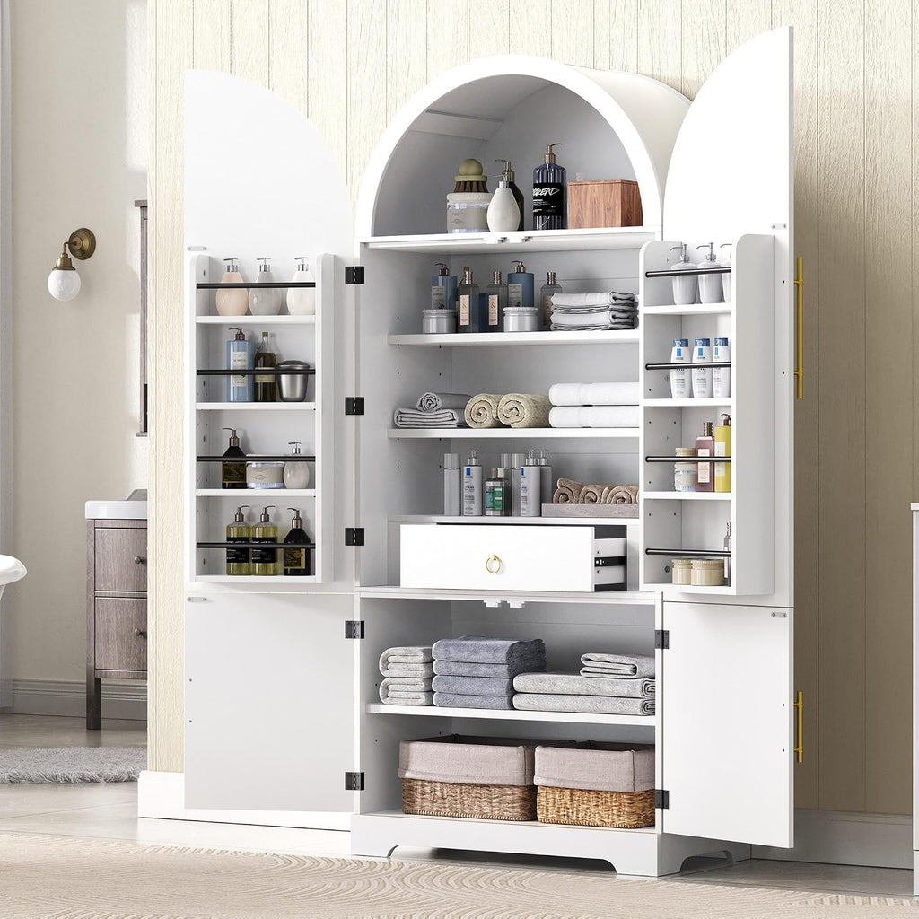 72" Tall Arched Kitchen Pantry Cabinet, Fluted Freestanding Storage Cupboard with 8 Door Shelves, 3 Adjustable Shelves and Hidden Drawer,Cabinet for Kitchen, Dining & Bathroom,White