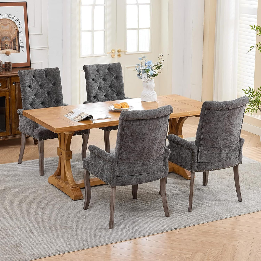 Shenyon Grey Single Dining Chair with Arms, Chenille Upholstered Dining Room Chairs with Tufted Back and Solid Wood Legs, Accent Armchair for Dining Room, Kitchen,Living Room, Grey