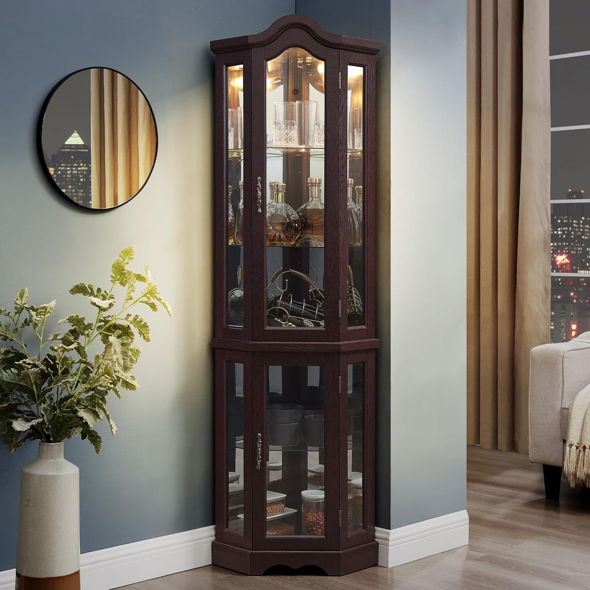 70" Lighted Corner Curio Cabinet,Inside Mirror Corner Glass Display Case with Tempered Glass Door for Living Room, Antique Collectibles, Wine & Bar Glass Storage, Lights Included