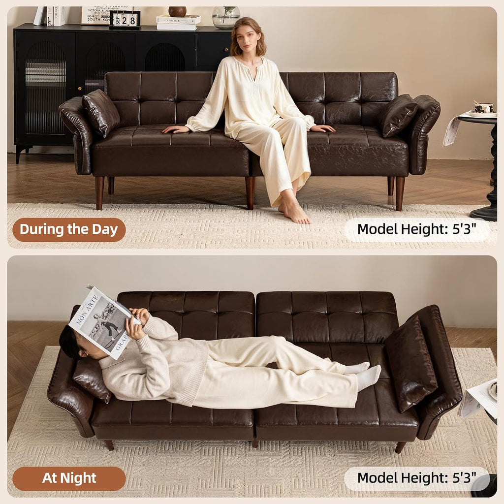 HALLYBEE 85" Futon Faux Leather Couch with Adjustable Armrests Coffee Brown | Futon Sofa Bed, Sleeper Sofa, Small Couch with Pillows, Side Pockets, Mid Century Modern, Living Room, Bedroom, Apartment