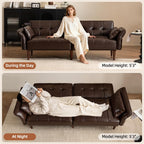 HALLYBEE 85" Futon Faux Leather Couch with Adjustable Armrests Coffee Brown | Futon Sofa Bed, Sleeper Sofa, Small Couch with Pillows, Side Pockets, Mid Century Modern, Living Room, Bedroom, Apartment