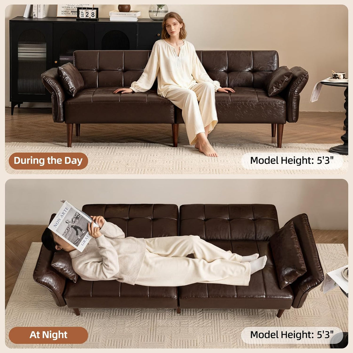HALLYBEE 85" Futon Faux Leather Couch with Adjustable Armrests Coffee Brown | Futon Sofa Bed, Sleeper Sofa, Small Couch with Pillows, Side Pockets, Mid Century Modern, Living Room, Bedroom, Apartment