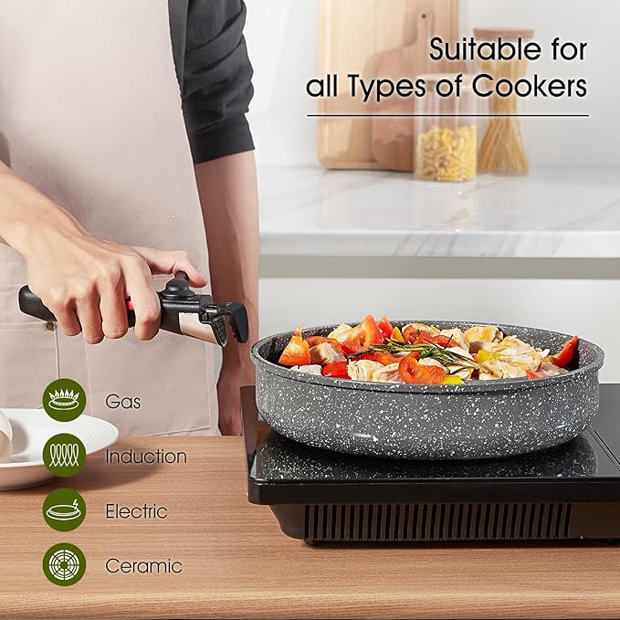 7pcs Pots and Pans Set Non Stick from France, Ceramic Cookware Set with Removable Handle, Induction RV Kitchen Cookware Set, Stackable, PFOA and PFAS Free, Oven Safe, Black Granite