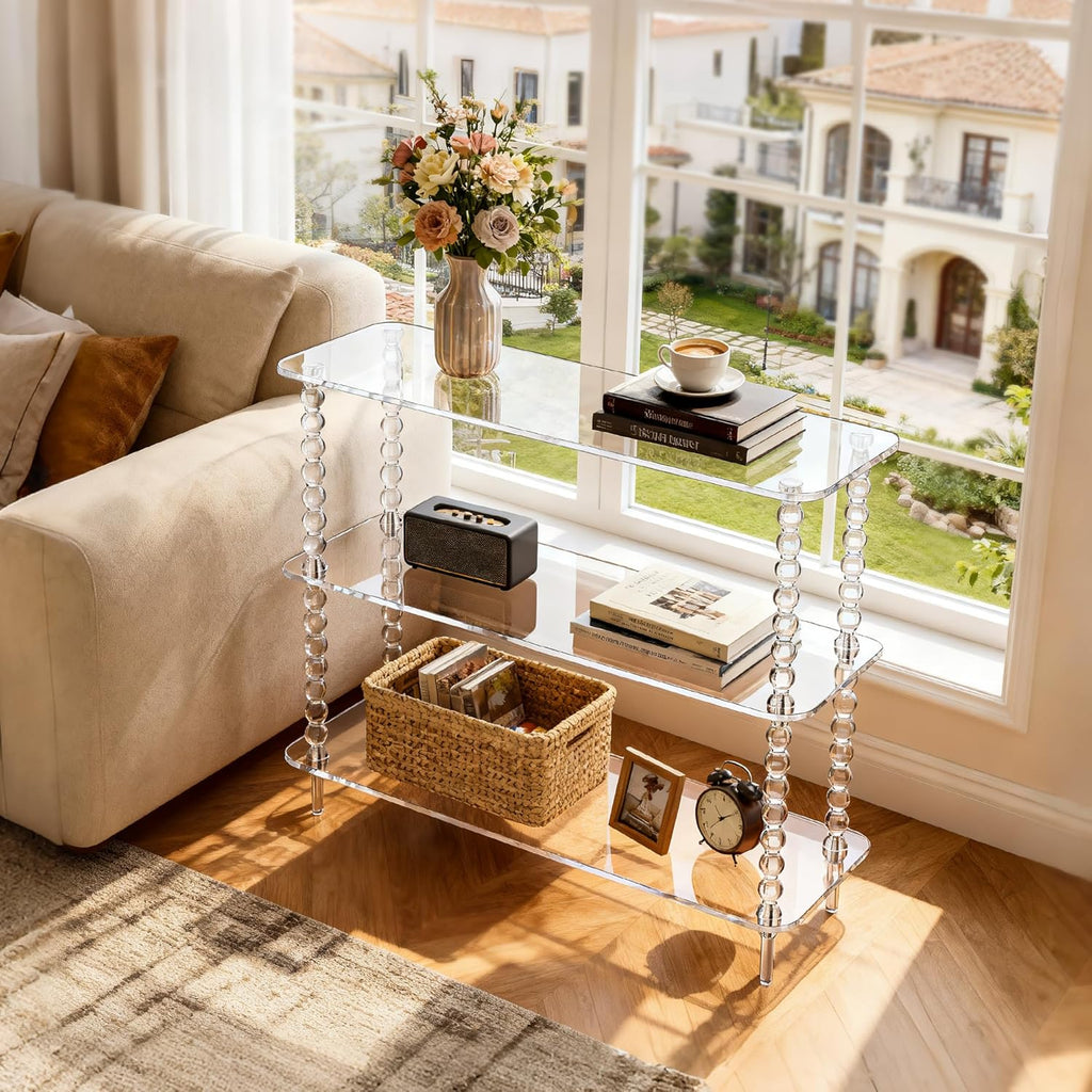 Acrylic Clear Console Table for Entryway, 3-Tier Sofa Table Bookshelf, Low Bookcase with Open Storage Shelves, (Clear, 31.5"×11.8“×28.6”)