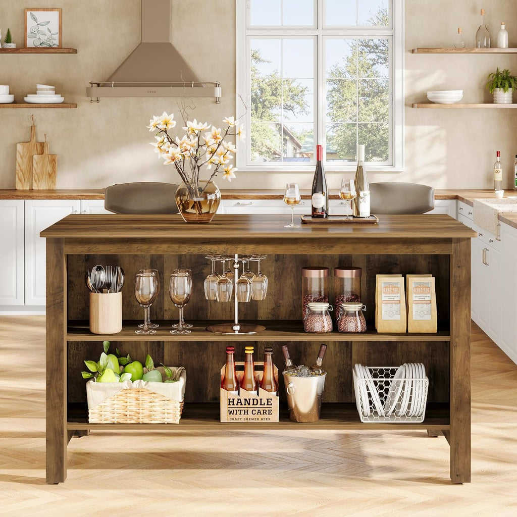 Tribesigns Kitchen Island with Seating and Storage, 59-Inch Large Farmhouse Stationary Island Table for Kitchen, 3-Tier Counter Height Coffee Bar Tables for Dining Room, Rustic Brown