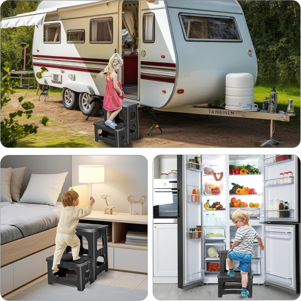 2 Stool Portable Footstool Multifunctional Collapsible, Anti-Slip | 300LB Capacity Collapsible RV Step Stool, Portable Multifunctional Foot Stool for RV, Home, Kitchen, Bedroom & Bathroom