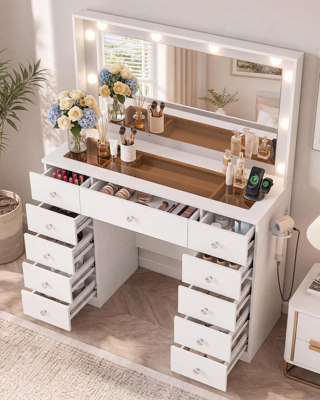 Otterease White Makeup Vanity with Mirror and Lights,11 Drawers & Glass Top | Vanity Desk Table with Charging Station and 10 LED Bulbs, Hair Dryer Holder, for Bedroom
