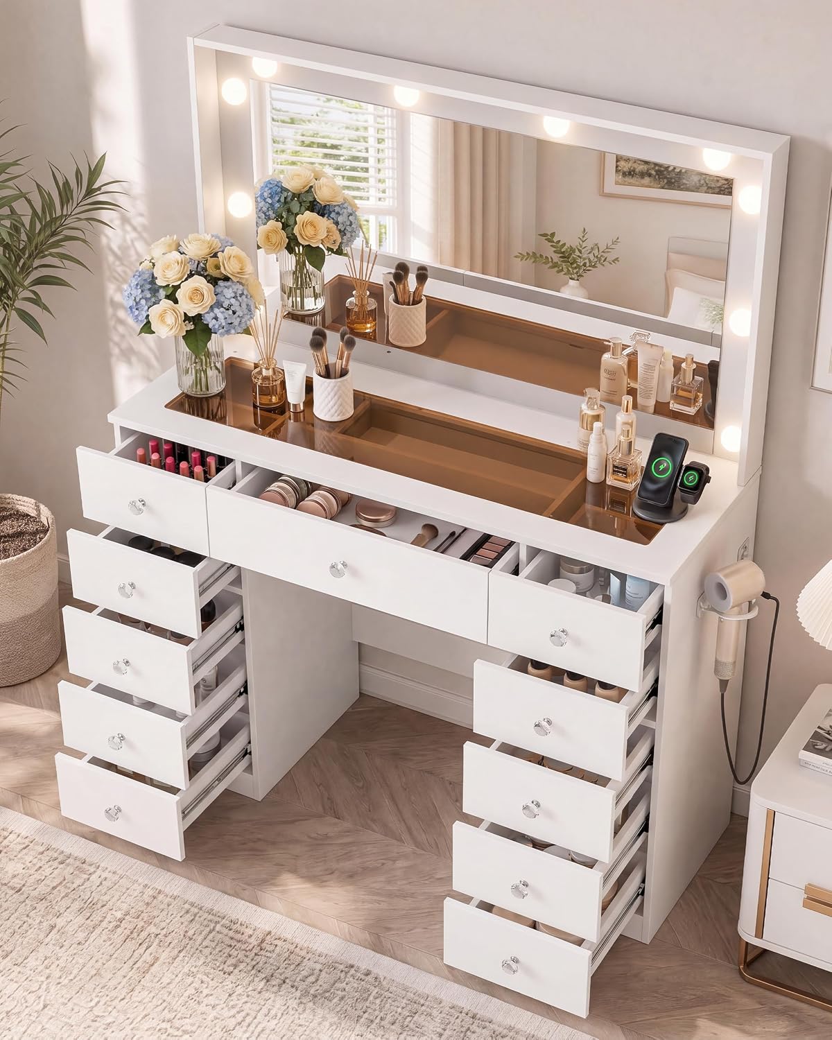Otterease White Makeup Vanity with Mirror and Lights,11 Drawers & Glass Top | Vanity Desk Table with Charging Station and 10 LED Bulbs, Hair Dryer Holder, for Bedroom