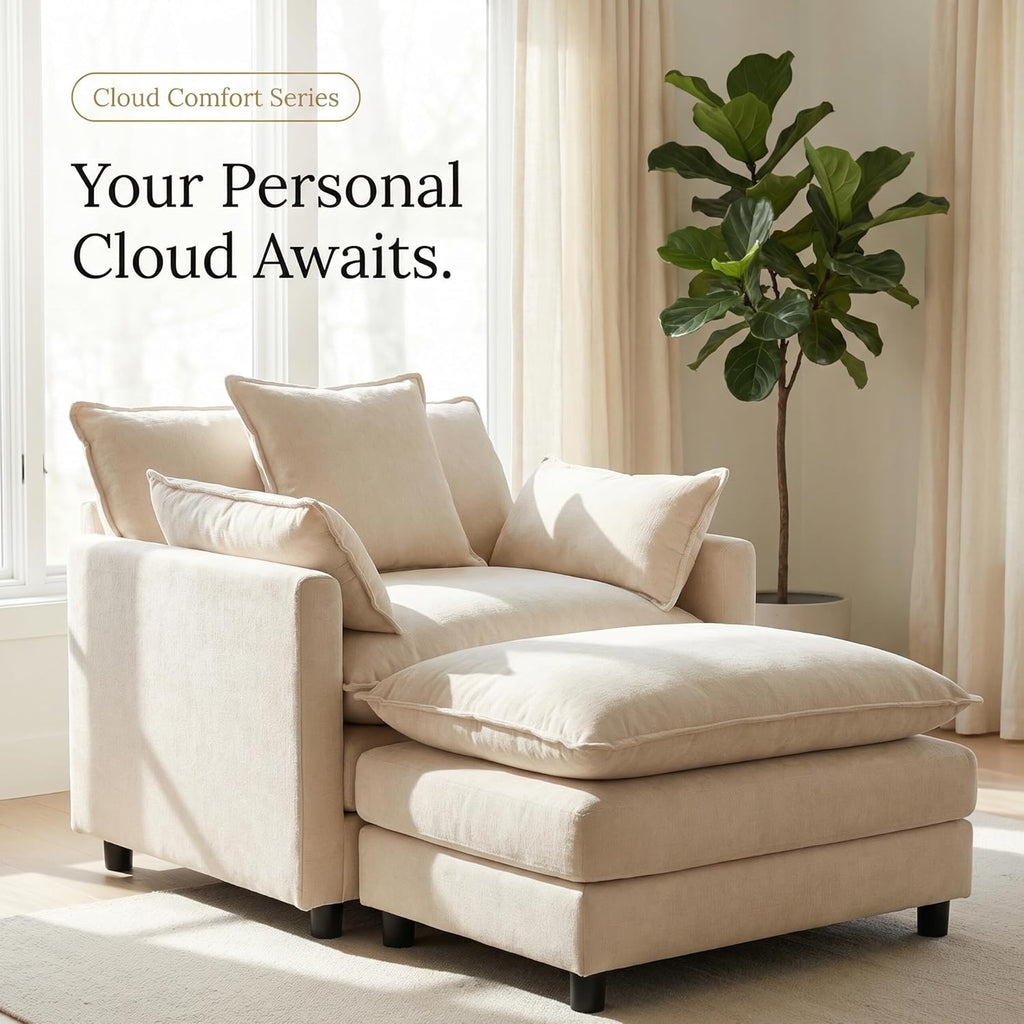 GRAVFORCE Oversized Chair with Ottoman, Comfy Upholstered Chenille Chaise Lounge Chair, Accent Indoor Reading Chairs for Living Room, Bedroom (Beige)