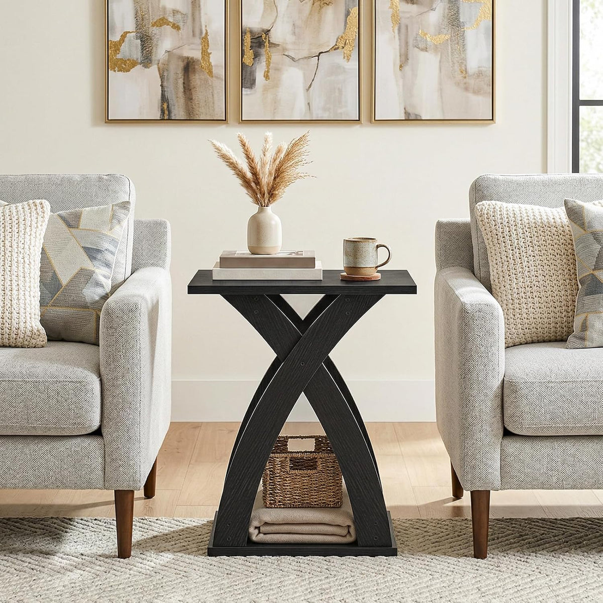 HOOBRO End Table Living Room, Narrow Side Table for Small Spaces, Black 3 Tier End Table with Storage Shelf, X-Design Slim Nightstand Bedside Table, Living Room, Bedroom, Black BK356BZ01N1