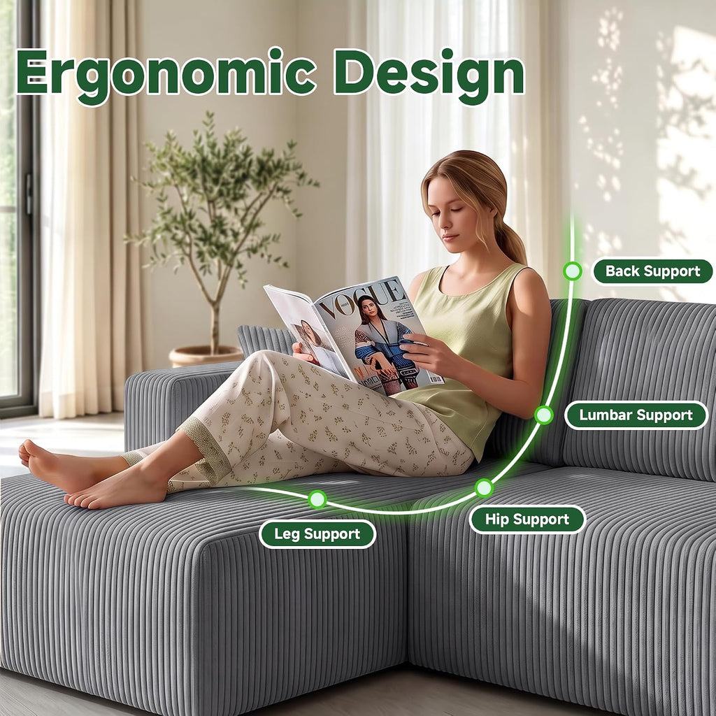 130" Couch U-Shaped Sectional Sofa, Grey | Corduroy Cloud Couch with Double Chaise, 30D Memory Foam, Compressed Sofa for Living Room, No Assembly Required