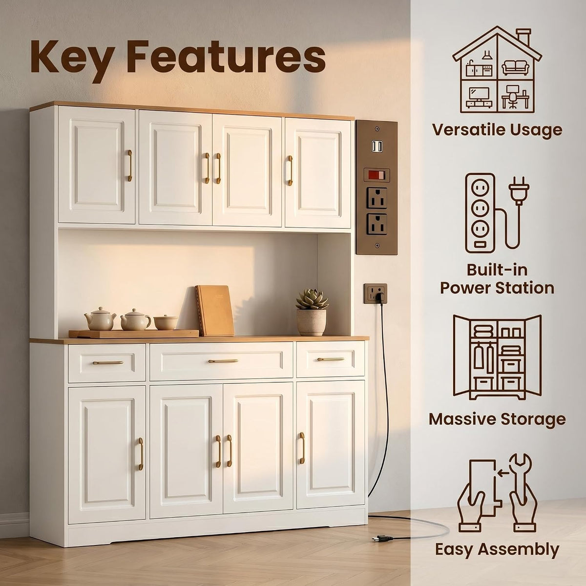 71" Tall Farmhouse Kitchen Pantry Cabinet, 55" Wide Storage Hutch with LED Lights, Charging Station, Drawers & Adjustable Shelves, Multi-Purpose Microwave Coffee Bar for Kitchen Dining Room (White)