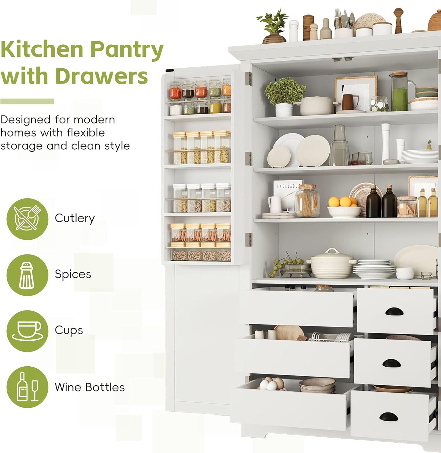 Shaker Style Kitchen Pantry with Drawers, Freestanding Storage Cupboard with Door Shelves, Adjustable Shelves and Pull-Out Trays,for Dining Room (White-B)