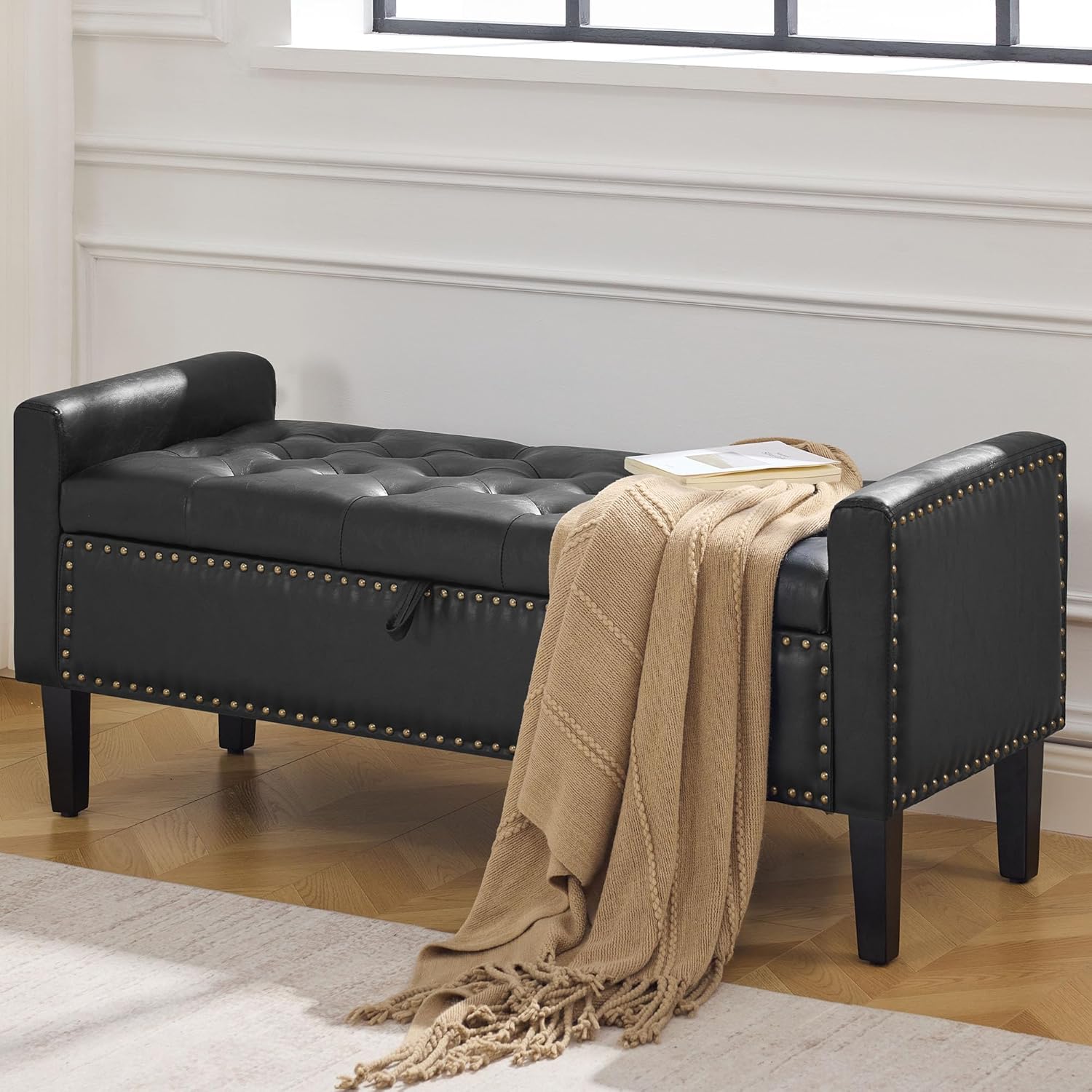 WUTUTUEE 47" Modern Water-Resistant Faux Leather Storage Ottoman Bench with Wooden Legs, Upholstered End of Bed Bench for Bedroom, Living Room or Entryway, Black