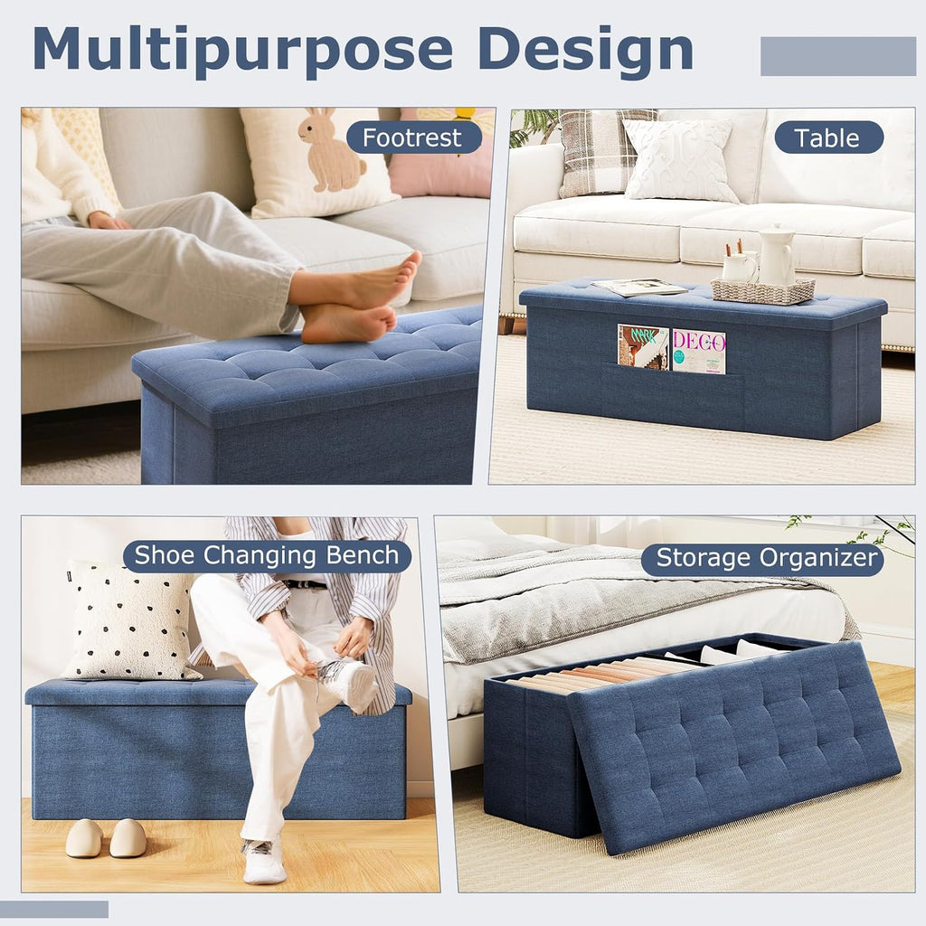 GOFLAME 43 Inches Folding Storage Ottoman Bench, Linen Fabric End of Bed Bench with Padded Seat and Side Pocket, Large Foot Rest Stool, Storage Chest for Entryway, Living Room, Bedroom, Blue