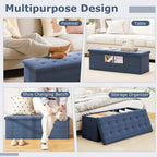 GOFLAME 43 Inches Folding Storage Ottoman Bench, Linen Fabric End of Bed Bench with Padded Seat and Side Pocket, Large Foot Rest Stool, Storage Chest for Entryway, Living Room, Bedroom, Blue