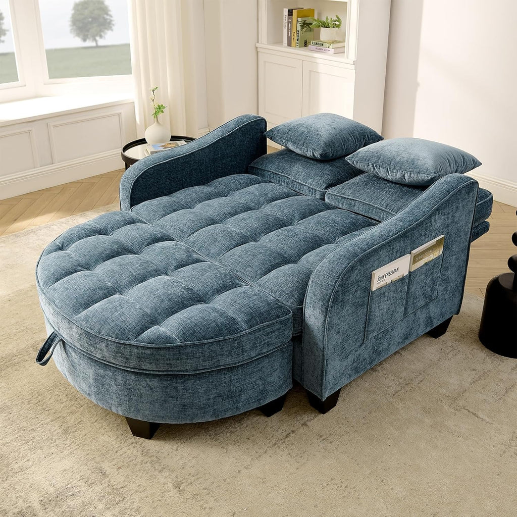 Oversized Curved Chaise Lounge Chair Indoor with Ottoman, 54.8" Cloud Reading Chair Soft Chenille Circle Couch w/Adjustable Backrest for Living Room, Apartroom, Bedroom, Blue