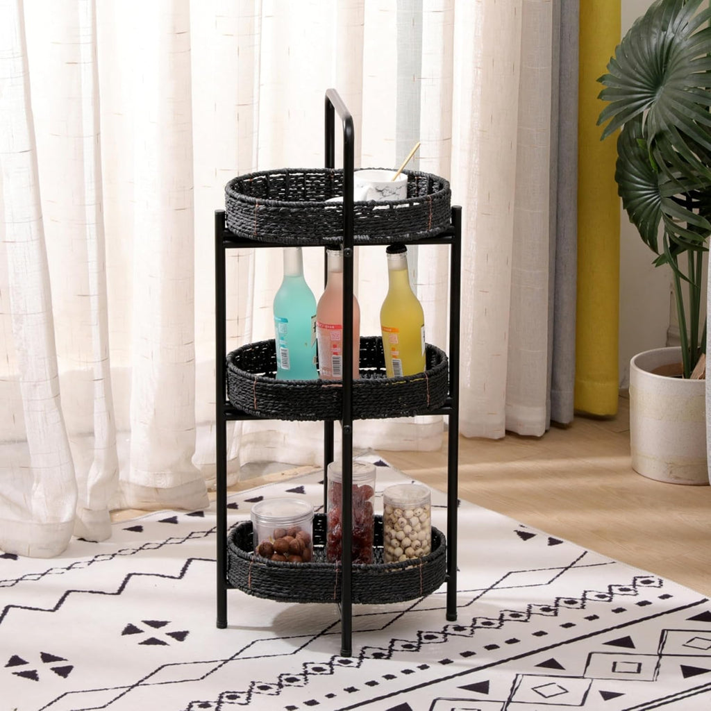 3 Tier Handwoven Oval Side Table Storage Basket with Detachable Trays | Woven Paper Rope Organizer for Living Room Bedroom Kitchen | Sturdy Metal Frame Tiered Shelf for Home Decor (Black)