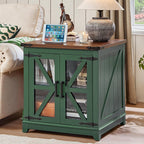 Joaxswe Farmhouse End Table with Charging Station, 24" Large Sofa Side Table with Glass Barn Door, Green Nightstand with Adjustable Storage Shelf, Wood Square Bedside Table for Living Room, Bedroom
