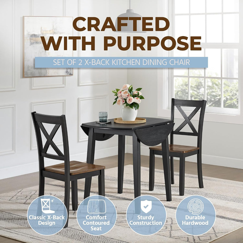 ROME + OAK X-Back Farmhouse Wooden Armless Dining Chairs in Black/Dark Brown, Set of 4 - Indoor Home Kitchen Seating Furniture