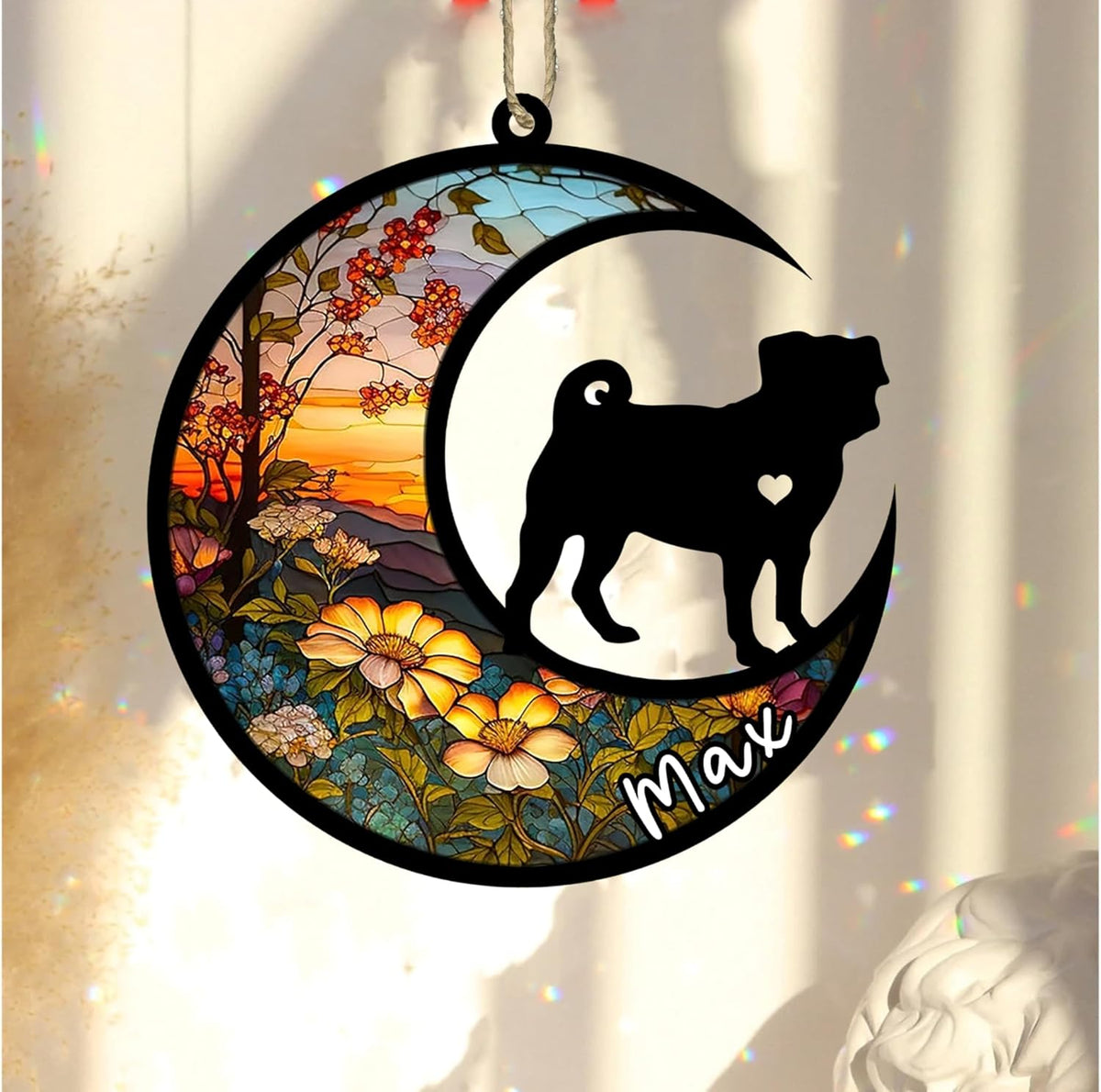 Personalized Dog Memorial, Custom Name Pug Dog Christmas Ornament with Name, Custom Breeds, Pet Loss Light Catcher, Gifts for Lovers Loss of Pet Sympathy on Mothers Day Christmas