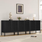 Yechen Full Black Rattan Cabient, Boho Sideboard Cabinet with Natural Rattan Decorated Doors, 31.5" W Accent Cane Credenza Buffet Console Storage, for Living Room Entryway Kitchen, Metal Legs/Set of 3