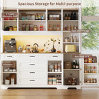 71" Farmhouse Pantry Cabinet with LED Lighting and Charging Station, Tall Storage Cabinet with 8 Doors, 6 Drawers & Adjustable Shelves, Coffee Bar Pantry for Kitchen Dining Room, White