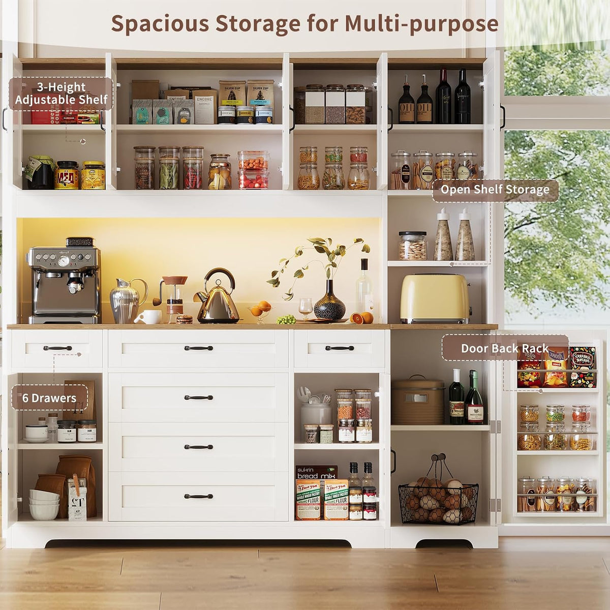 71" Farmhouse Pantry Cabinet with LED Lighting and Charging Station, Tall Storage Cabinet with 8 Doors, 6 Drawers & Adjustable Shelves, Coffee Bar Pantry for Kitchen Dining Room, White