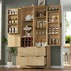 Loomie 71" Tall Kitchen Pantry Cabinet, Modern Fluted Storage Cabinet w/2 Drawers, 5 Adjustable Shelves & 7 Door Shelves, Wine Bar Cabinet w/Wine Rack & Glass Holder, Cupboard for Kitchen (Natural)