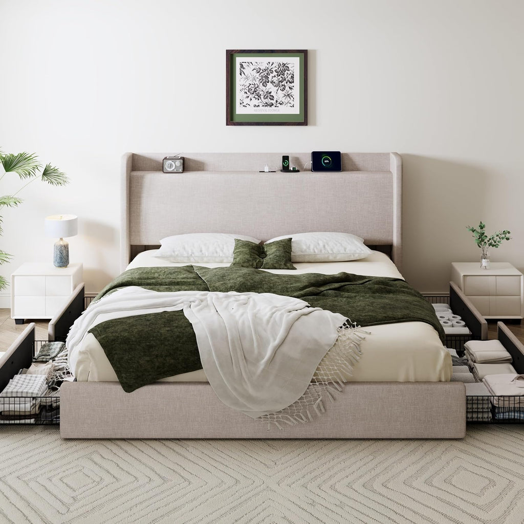 SHA CERLIN King Size Storage Bed Frame with 4 Oversized Drawers, Modern Wingback Headboard with Storage Shelf & Charging Station, No Box Spring Needed, Easy Assembly, Beige