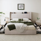 SHA CERLIN King Size Storage Bed Frame with 4 Oversized Drawers, Modern Wingback Headboard with Storage Shelf & Charging Station, No Box Spring Needed, Easy Assembly, Beige
