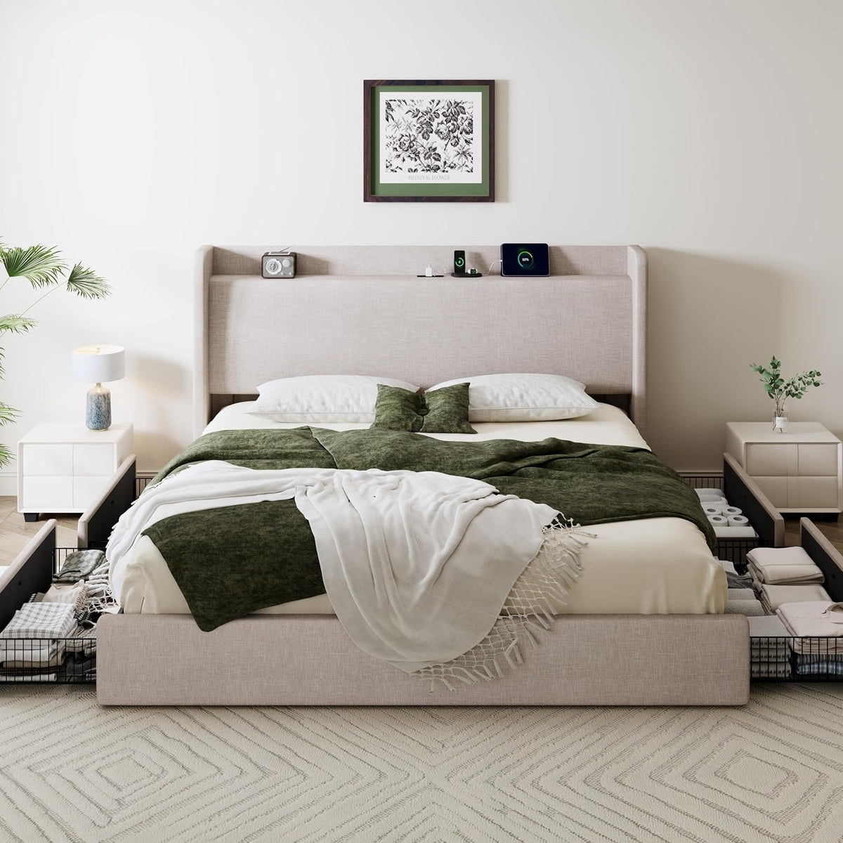 SHA CERLIN King Size Storage Bed Frame with 4 Oversized Drawers, Modern Wingback Headboard with Storage Shelf & Charging Station, No Box Spring Needed, Easy Assembly, Beige