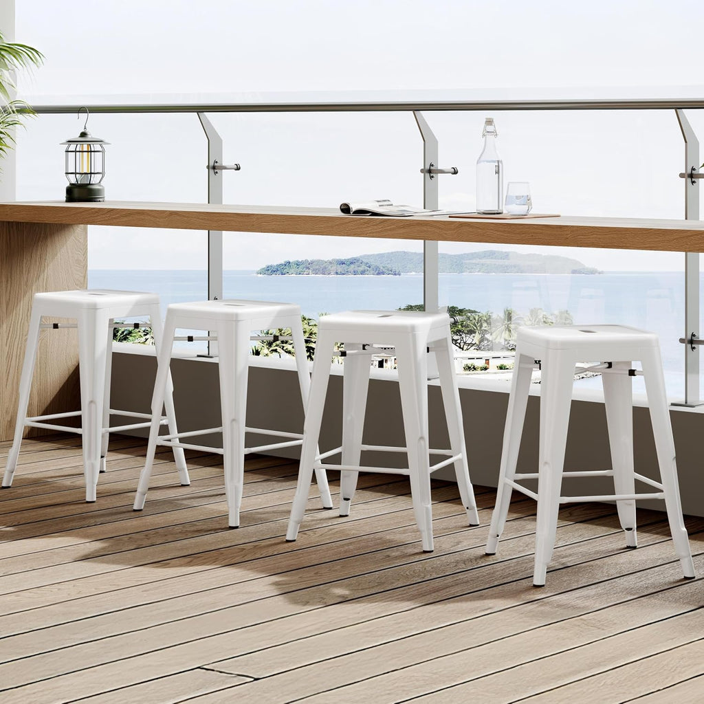Yaheetech 24 Inch Metal Bar Stools Set of 4, Stackable Bar Chairs, White | No Assembly Counter Height Barstools with Footrest, 330 lb Load Capacity Patio Stools For Kitchen, Bar, Indoor & Outdoor Use