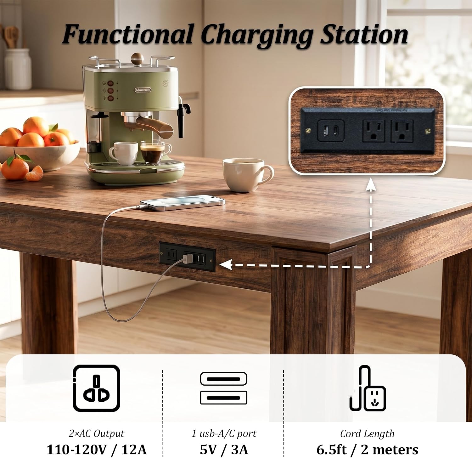 Farmhouse Dining Table for 6-8 People, 71-Inch Wooden Kitchen Table with 2 Drawers,Rectangular Dining Table with Charging Station for Dining Room, Kitchen, Home Office,Walnut Wood