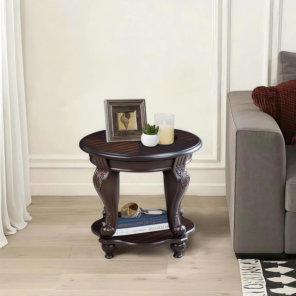 Vintage Small Round End Table 22" Wood Side Table, Antique Table Legs with Elegant Carvings, Easy Assembly,Espresso