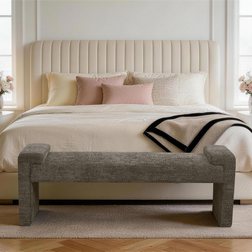 58.7" Upholstered End of Bed Bench, Entryway Bench with Curved Armrests, Modern Bedroom Bench Seat with Solid Wood Frame for Living Room, Hallway, Brown