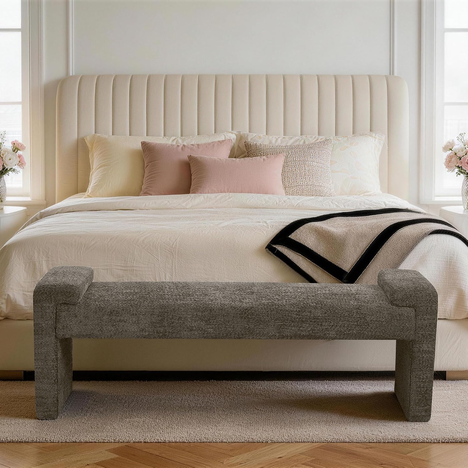 58.7" Upholstered End of Bed Bench, Entryway Bench with Curved Armrests, Modern Bedroom Bench Seat with Solid Wood Frame for Living Room, Hallway, Brown